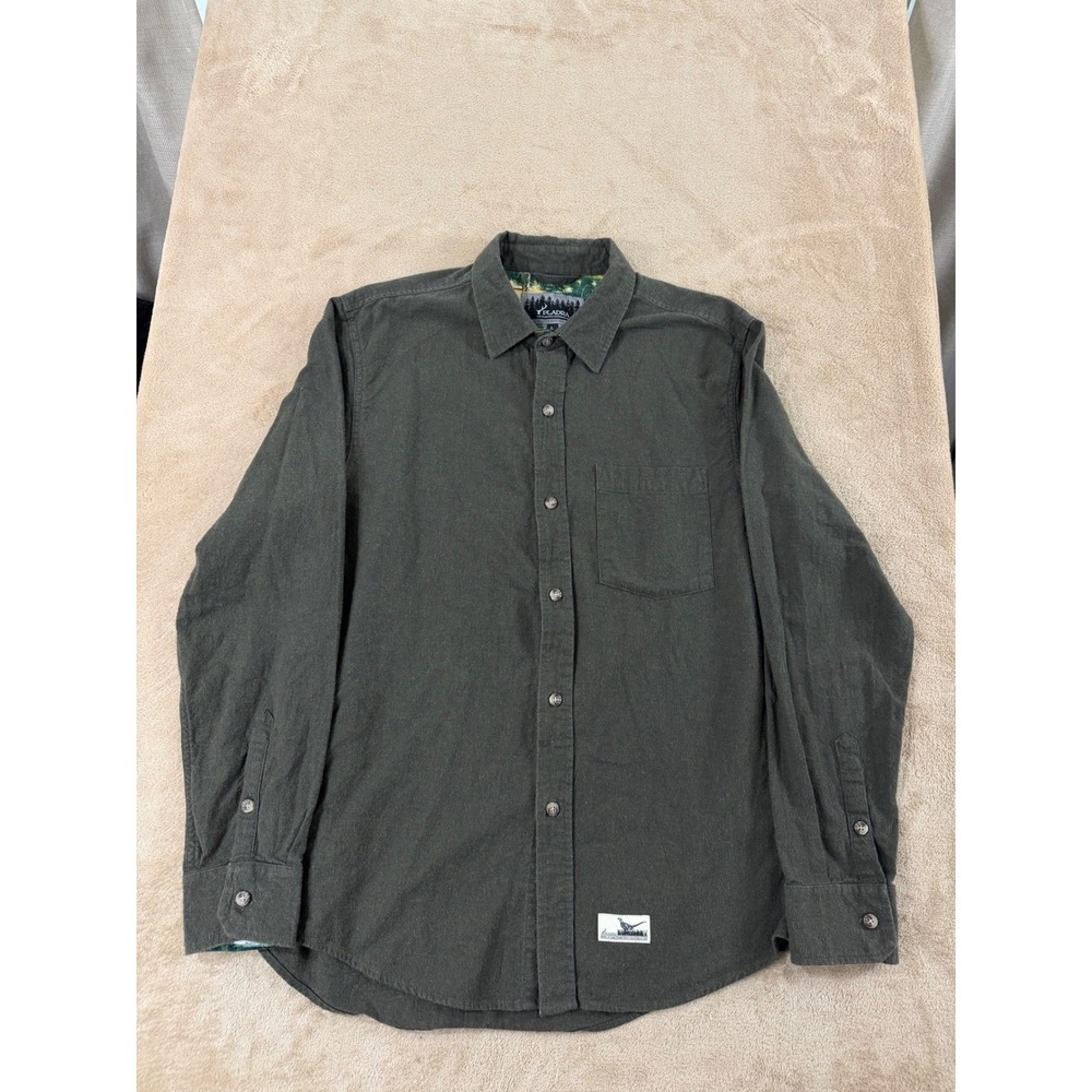 Pladra Flannel Shirt Mens Large Dark Green Fishing Print Lining Made in USA EUC